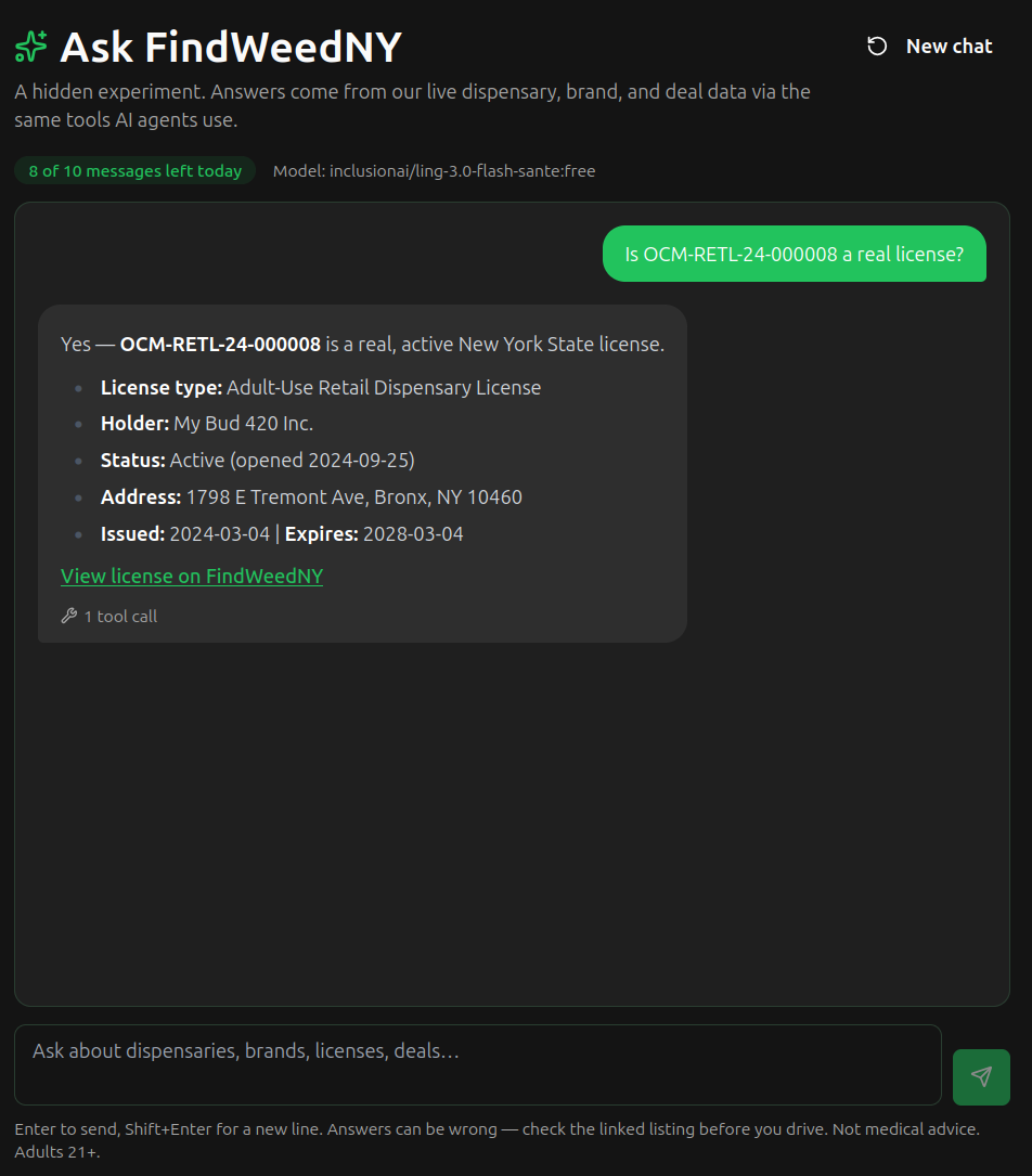 Ask FindWeedNY answering "Is OCM-RETL-24-000008 a real license?" with the license type, holder, status, address, issue and expiry dates, and a link to the license page