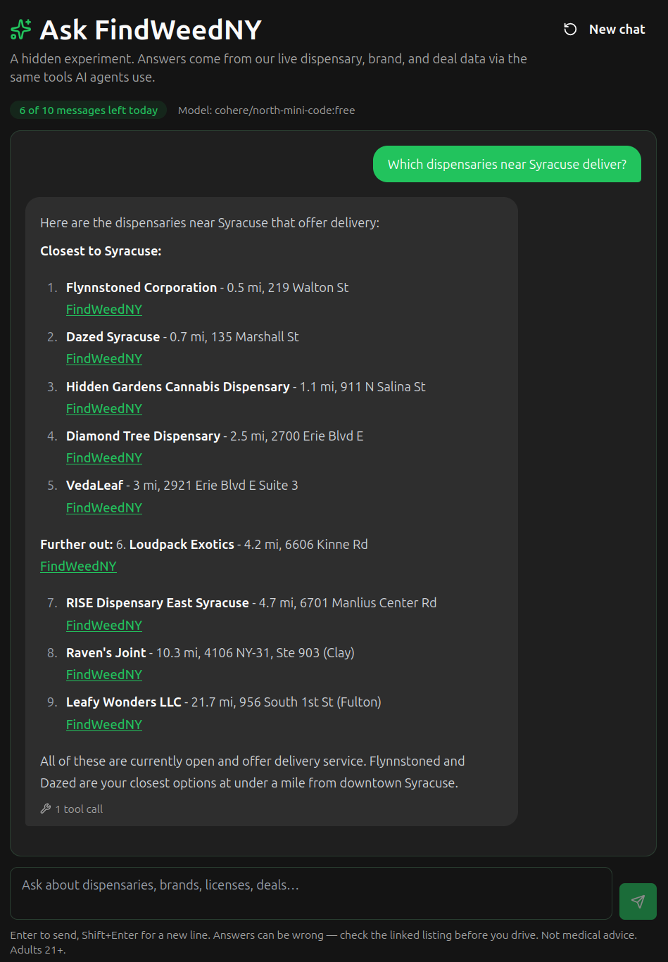 Ask FindWeedNY answering "Which dispensaries near Syracuse deliver?" with nine stores sorted by distance, each with an address and a FindWeedNY link