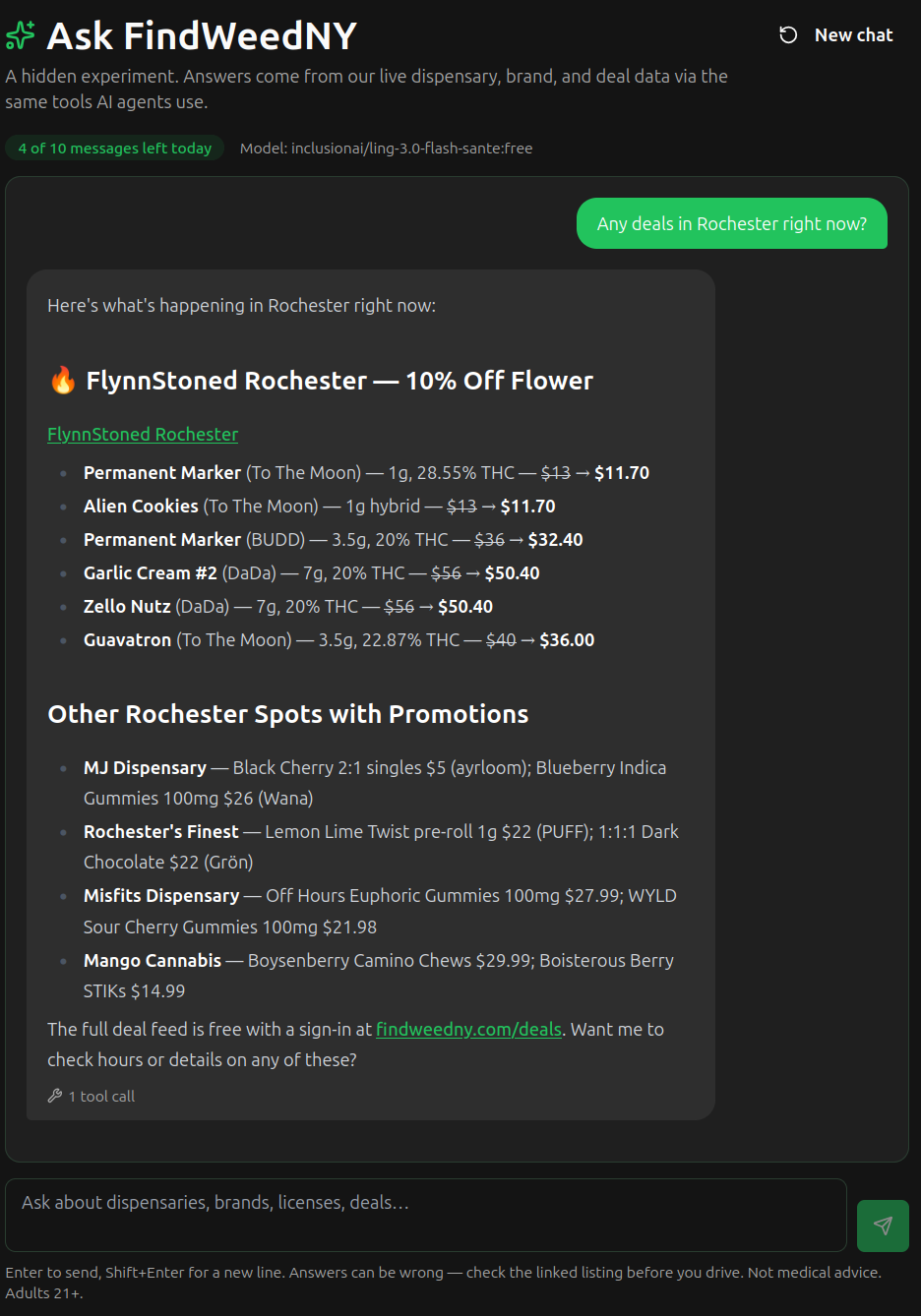 Ask FindWeedNY answering "Any deals in Rochester right now?" with FlynnStoned Rochester's 10% off flower deal, product prices before and after, and promotions at four other Rochester dispensaries